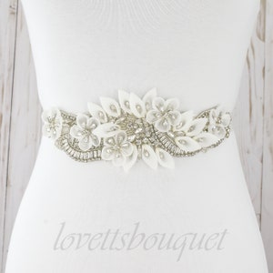 Ready to ship - 9&quot;L Self Tie Wedding Belt, Bridal Bridesmaid Belt, Rhinestone Pearl Dress Belt For Women, Silver Sash Belt B132