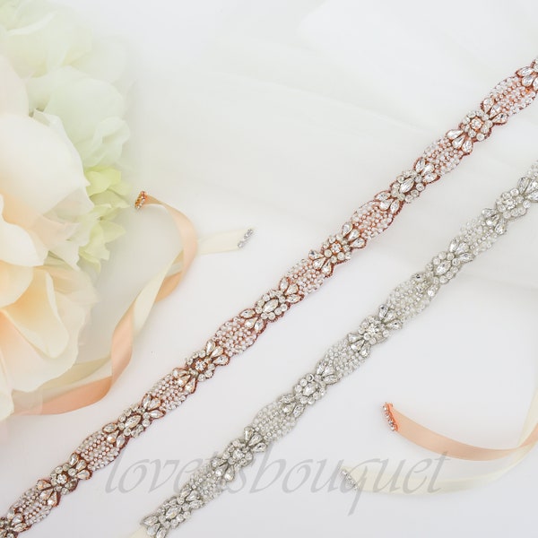 self Tie Wedding Belt, Bridal Bridesmaid Belt, Rhinestone Sash Belt For Women, Skinny Crystal Sash Belt B178