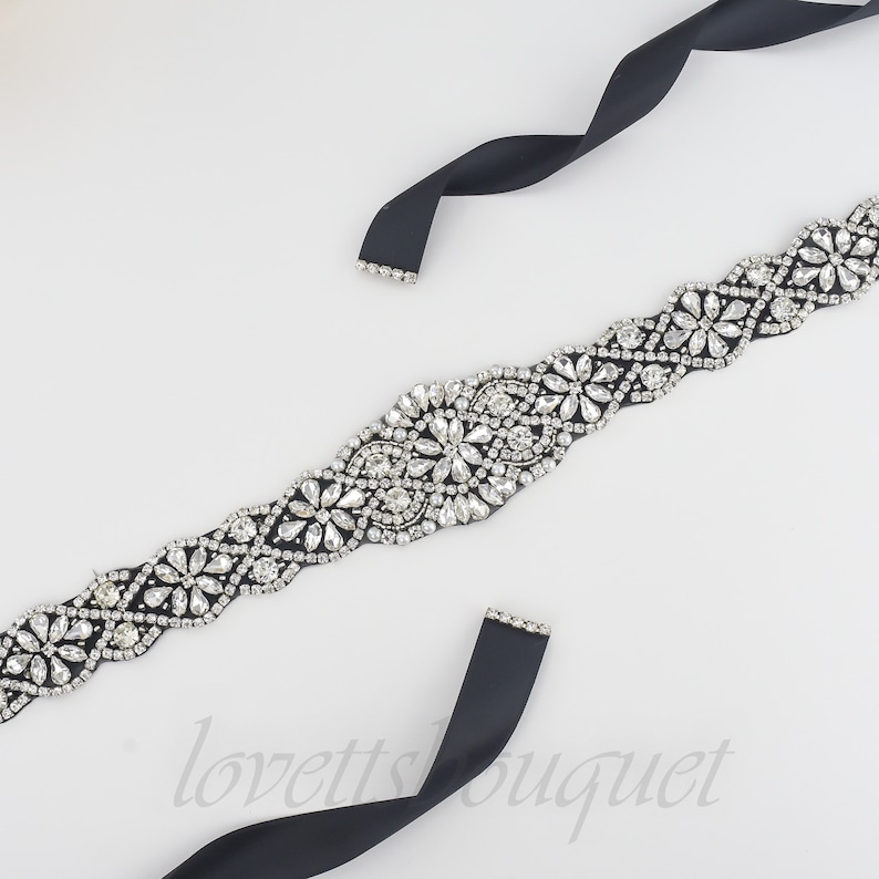 Tie on Belt Black Bridal Belt, Black Bridal Sash, Wedding Sash Belt, Crystal Pearl Belt B113BLK image 3