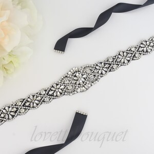 Tie on Belt Black Bridal Belt, Black Bridal Sash, Wedding Sash Belt, Crystal Pearl Belt B113BLK image 4