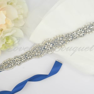 Tie on Belt - Crystal & Pearl Bridal Bridesmaid Belt Silver, Silver Pearl Wedding Belt Ribbon, Prom Dress Women Fashion Dress Belt B127