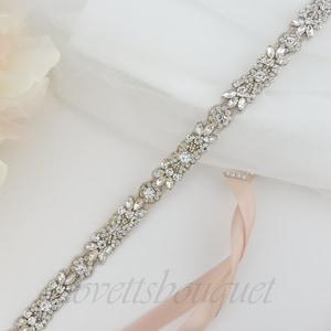 Ready to Ship - 20&quot;L Tie On Thin Bridal Belt, Bridesmaid Belt, Wedding Belt, Silver Crystal Sash Belts  B176S