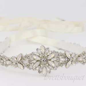 SALE - Tie on Silver Opal Crystal & Pearl Wedding Belt, Bridesmaid Belt, Silver Wedding Sash Belt B197S