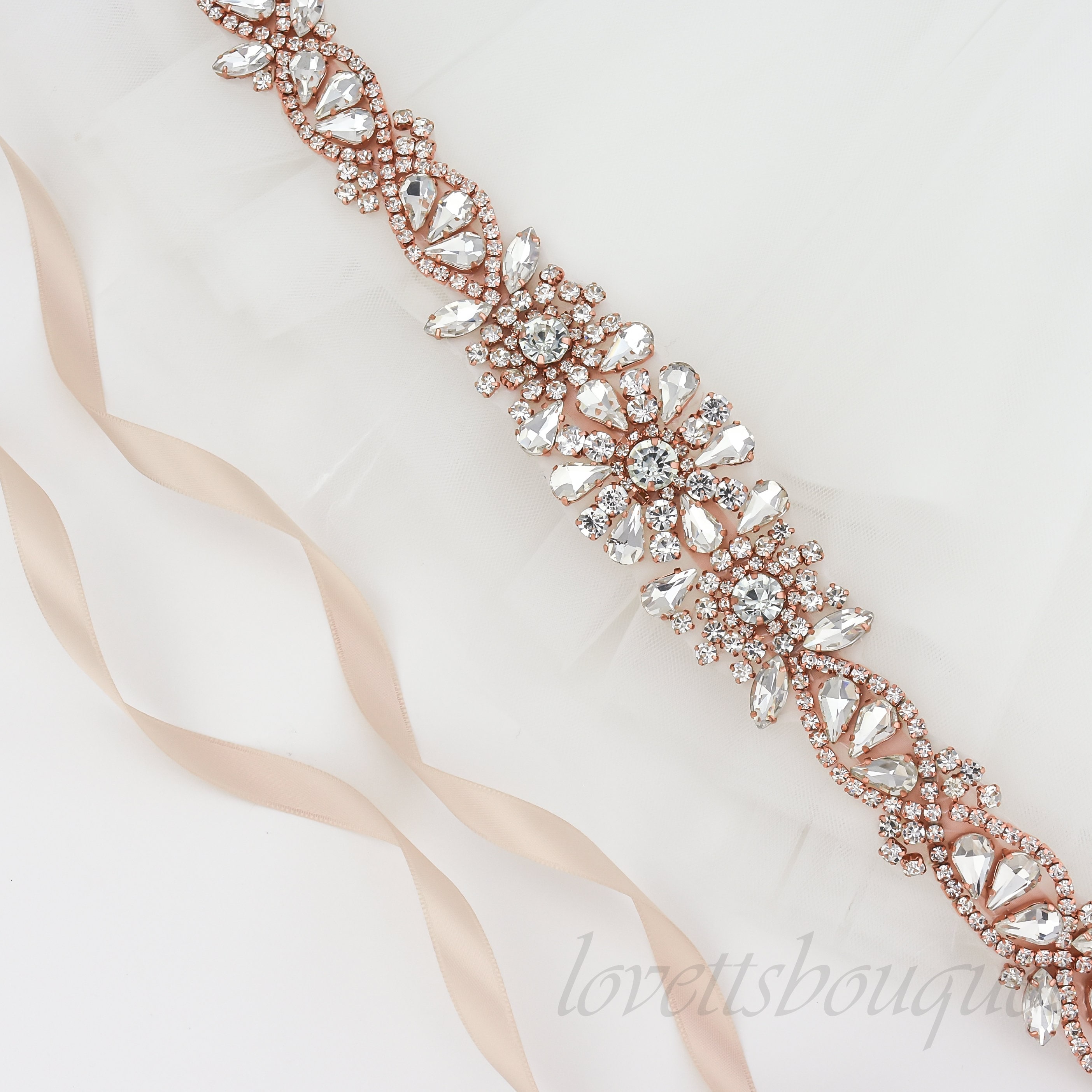 Rose Gold Rhinestone Bridal Belt - Crystal Wedding Dress Sash B171RGC