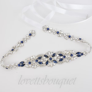 Ready to Ship - 20" Tie on Navy Blue Bridal Belt,  Blue Bridesmaid Belt, Wedding Dress Belt, Blue Self Tie Crystal Belt B133LNABLU