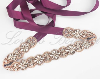 SALE - Tie on Crystal Rose Gold Bridal Belt, Bridesmaid Belt, Wedding Belt, Wedding Sash, Rose Gold Self Tie Sash Belt BF130RG