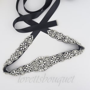 Tie on Belt - Black Bridal Belt, Black Bridal Sash, Wedding Sash Belt, Crystal Pearl Belt B113BLK