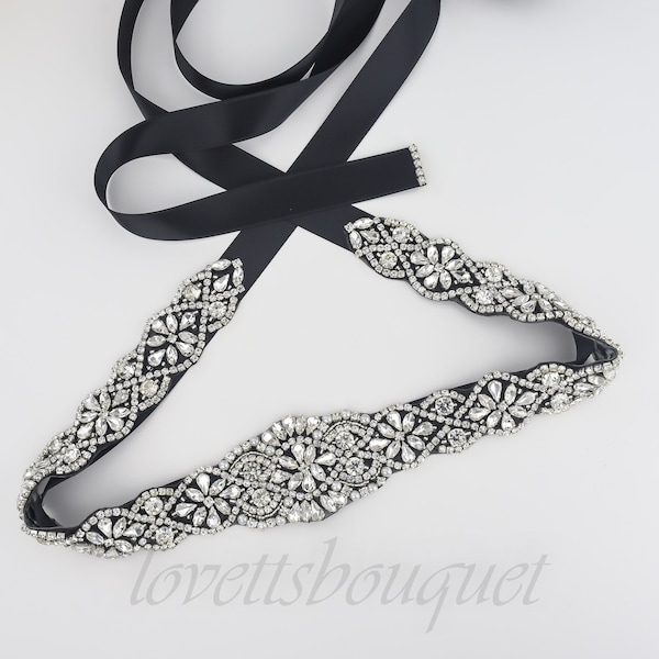 Tie on Belt - Black Bridal Belt, Black Bridal Sash, Wedding Sash Belt, Crystal Pearl Belt B113BLK