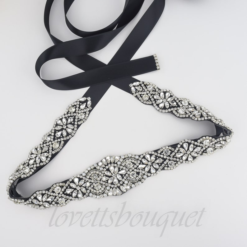 Tie on Belt Black Bridal Belt, Black Bridal Sash, Wedding Sash Belt, Crystal Pearl Belt B113BLK image 1