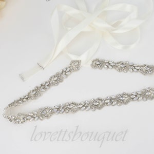Ready to ship - 31&quot; Tie on Skinny Wedding Belt, Bridal Belt Opal Silver, Bridesmaid Belt Thin Crystal, Self Tie Belt Thin B198S