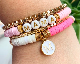 Custom Personalized Heishi Name Bracelet Alphabet Coin Stack Stretch Charm Bracelet, Bridesmaid Bride Gift, Mama, Mom Gift, Pink Color Block