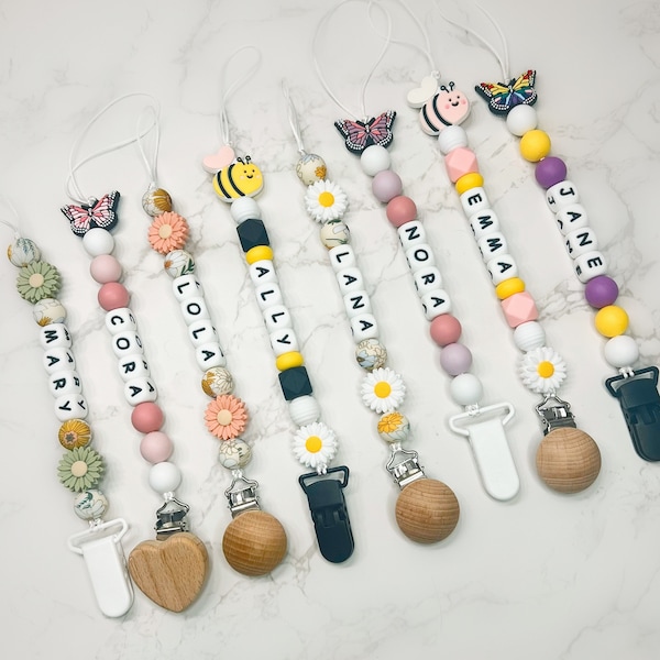 Butterfly Bumble Bee Flower Custom Name Pacifier Clip Personalized Kids Name  Baby Shower Gift  Custom Pacifier Clip Boho Name Paci Clip