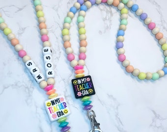 Rainbow Teacher Era Lanyard, Personalized Teacher Lanyard, In My Teacher Era Wooden Bead Lanyard, Teacher Appreciation Gift, Beaded Lanyard