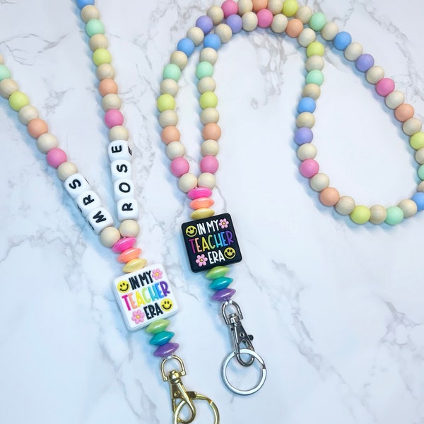 Rainbow Teacher Era Lanyard, Personalized Teacher Lanyard, In My Teacher Era Wooden Bead Lanyard, Teacher Appreciation Gift, Beaded Lanyard