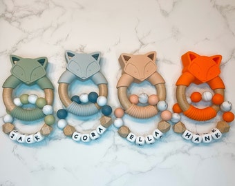 Personalized Fox Baby Toy Ring, Personalized Baby Toy Gift, Silicone Fox Ring with Name, Baby Shower Gift, Name Rattle Toy, Fox Baby Rattle