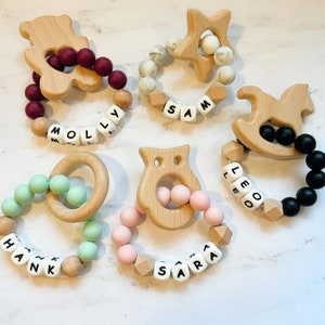 More Colors Wooden Animal Personalized Baby Ring, Personalized Baby Gift, Silicone Ring with Name, Baby Shower Gift, Name Baby Toy Rattle image 1