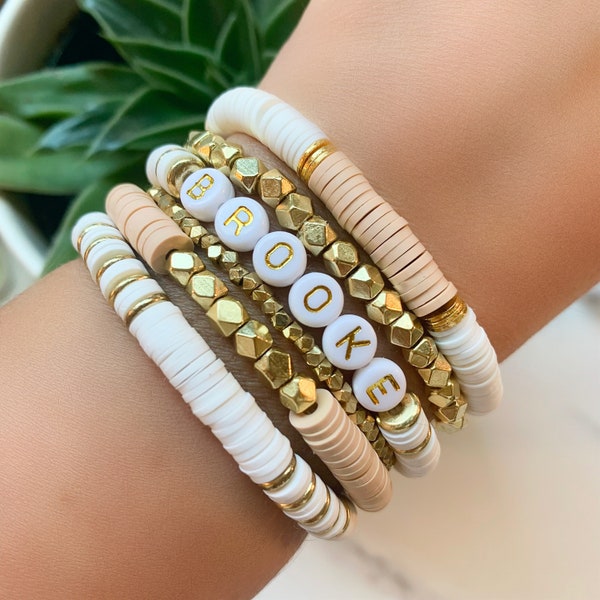 Custom Name Heishi Coin Stack Boho Bracelet, Layering Bracelets, Stretch Bracelets, Bridesmaid Bride Friend Mom Gift, Color Block Bracelet