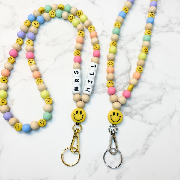 New & Improved! Pastel Rainbow Smiley Teacher Lanyard, Rainbow Smile Face Lanyard, Smiley Happy Face Wooden Bead Lanyard Teacher Nurse Coach