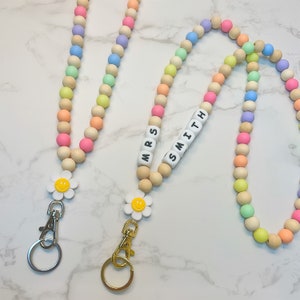 Rainbow Flower Smiley Teacher Lanyard, Rainbow Lanyard, Smile Face Lanyard, Daisy Happy Face Wooden Bead Lanyard, Teacher Nurse Coach Gift