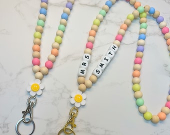 Rainbow Flower Smiley Teacher Lanyard, Rainbow Lanyard, Smile Face Lanyard, Daisy Happy Face Wooden Bead Lanyard, Teacher Nurse Coach Gift