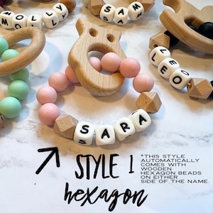 More Colors Wooden Animal Personalized Baby Ring, Personalized Baby Gift, Silicone Ring with Name, Baby Shower Gift, Name Baby Toy Rattle image 2