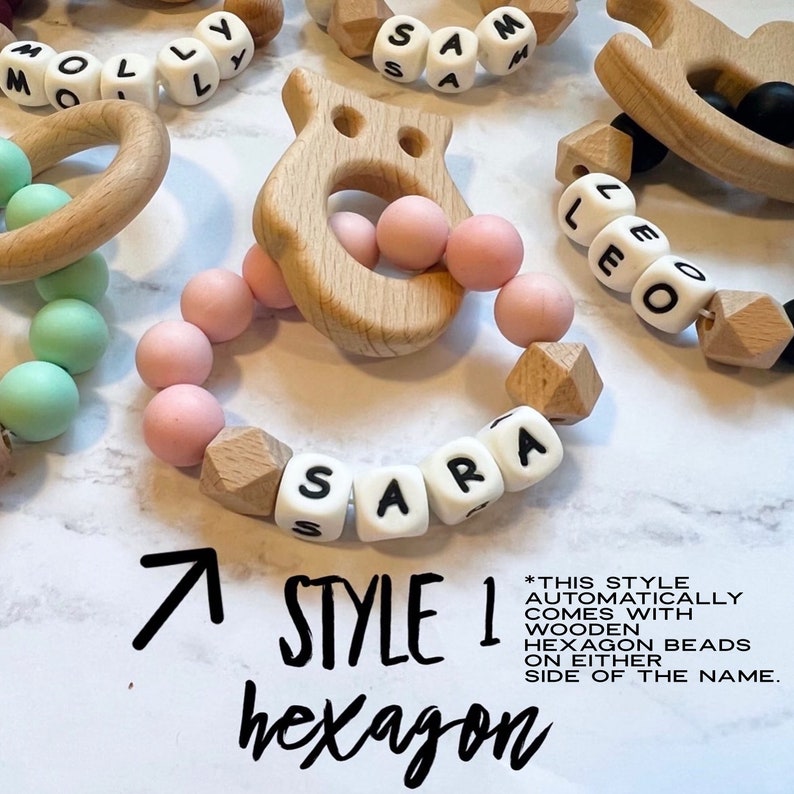 More Colors Wooden Animal Personalized Baby Ring, Personalized Baby Gift, Silicone Ring with Name, Baby Shower Gift, Name Baby Toy Rattle image 2
