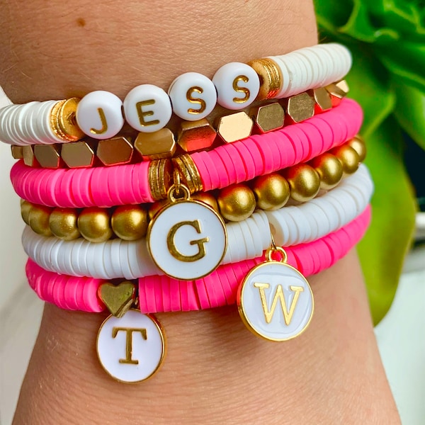 Personalized Heishi Friendship Name Bracelet Stack Alphabet Disc Coin Bracelet Stack Stretch Charm Bracelet, Bridesmaid Bride Gift, Bride