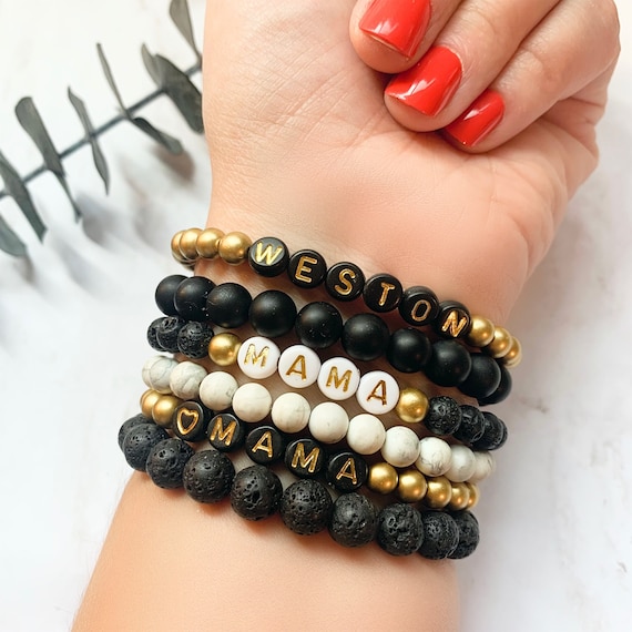 Black Beaded Initial Letter Bracelet