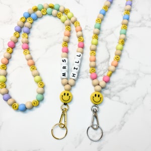 Smiley Pastel Rainbow Teacher Lanyard, Rainbow Smile Face Lanyard, Smiley Happy Face Wooden Bead Lanyard Teacher Nurse Coach