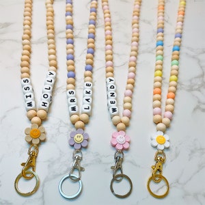 Flower Smiley Teacher Lanyard, Rainbow Lanyard, Smile Face Lanyard, Smiley Face, Daisy Wooden Bead Lanyard, Teacher Nurse Coach Gift