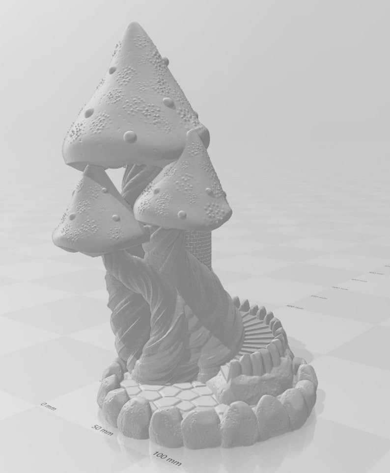 May include: A 3D printed model of a mushroom house with a stone base and a winding staircase. The house is made of three large mushrooms with white caps and brown stems.