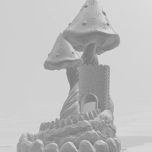 May include: A white 3D printed miniature of a mushroom castle with a tower and a stone wall. The mushroom has a textured surface and a small opening in the tower.