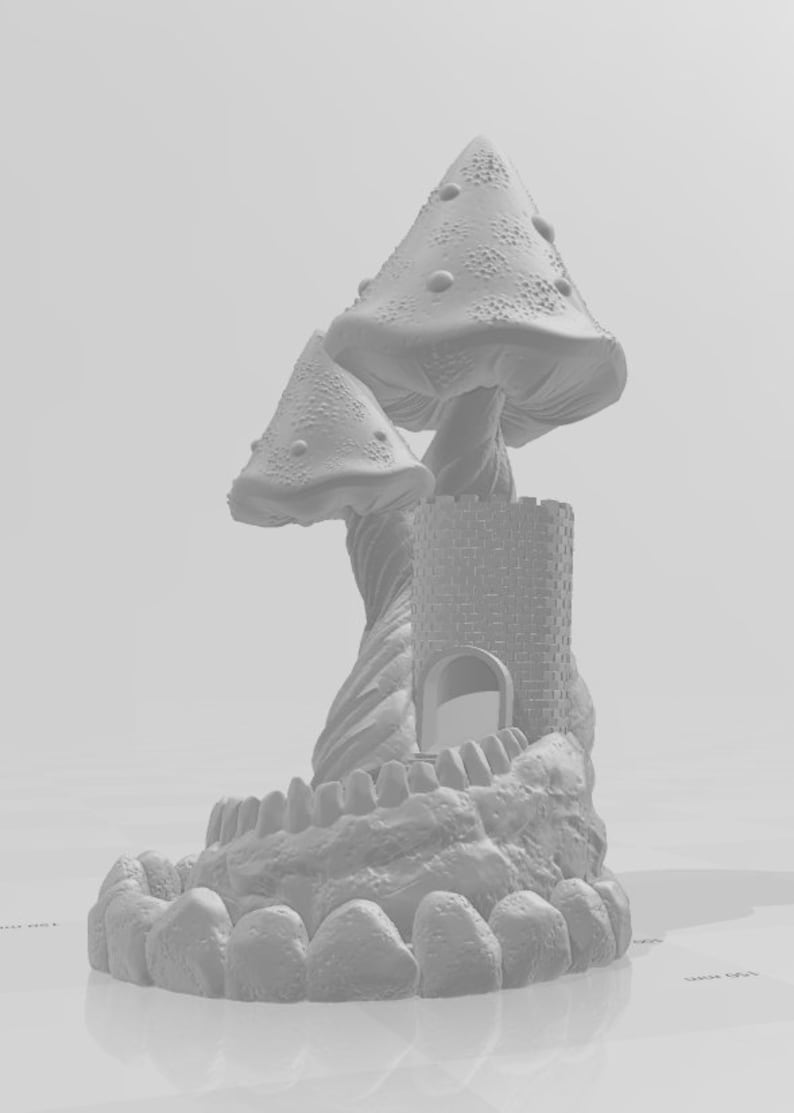 May include: A white 3D printed miniature of a mushroom castle with a tower and a stone wall. The mushroom has a textured surface and a small opening in the tower.
