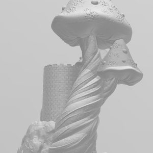 May include: A white ceramic sculpture of a mushroom with a tower on top. The mushroom has a textured surface and a swirling stem. The tower is made of brick and has a square base.