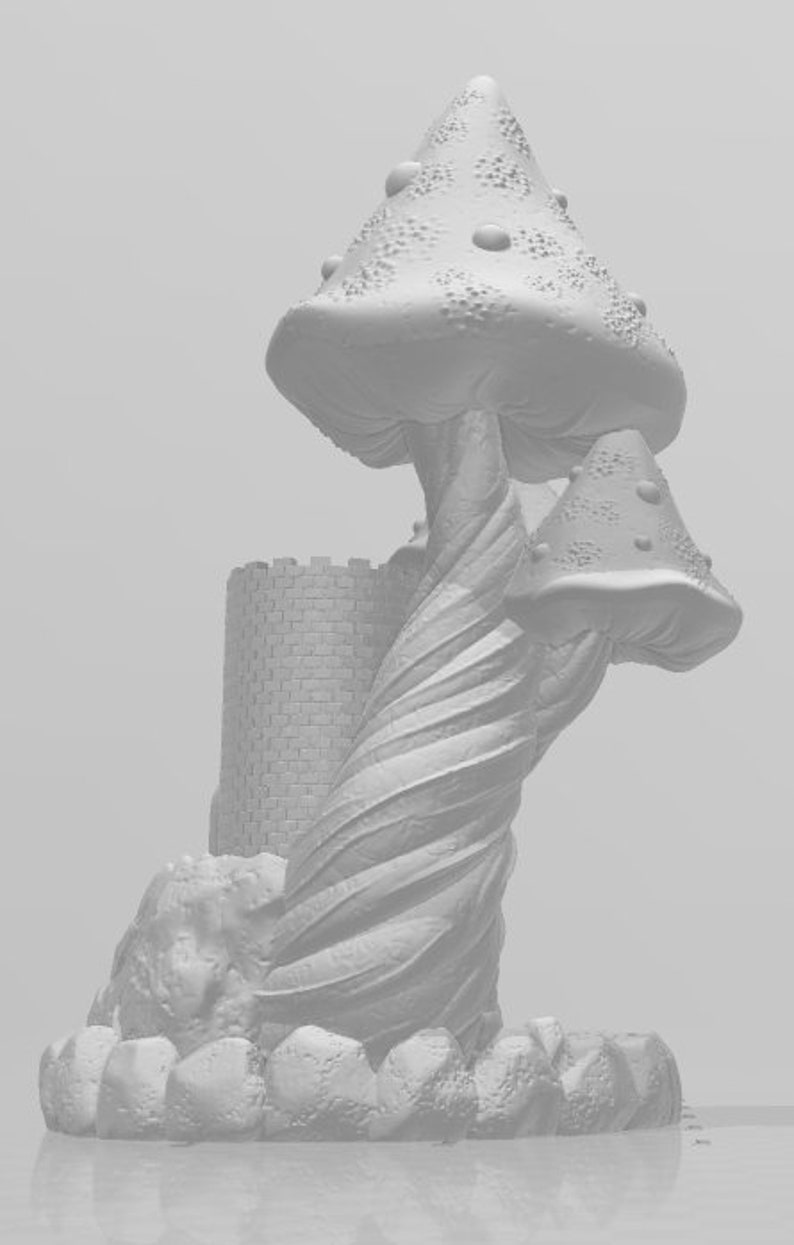 May include: A white ceramic sculpture of a mushroom with a tower on top. The mushroom has a textured surface and a swirling stem. The tower is made of brick and has a square base.