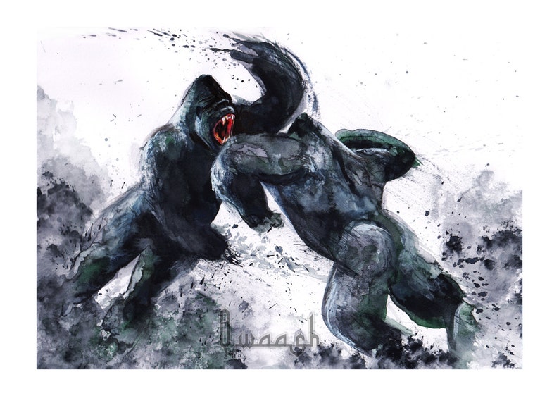 Gorillas fighting print from original watercolor decor animal Etsy