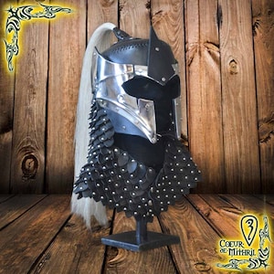 Op de afbeelding: Een zwarte en zilveren helm met een witte paardenhaar pluim. De helm heeft een puntige bovenkant en een gezichtsmasker met een puntige neus. De helm staat op een zwarte standaard tegen een houten achtergrond.