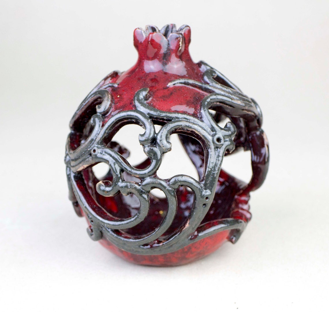 Handmade Clay Pomegranate With Ornaments Ceramic Candle Etsy