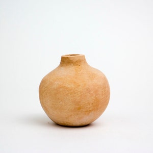 May include: A small, round, terracotta vase with a slightly flared opening. The vase is a light brown colour and has a rough, textured surface.