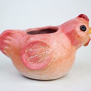 Peut inclure: Un pot de fleurs en céramique en forme de poulet rose avec un bec jaune et des yeux noirs. Le pot a une surface texturée et une petite ouverture pour la plantation.