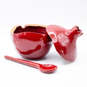 Handmade red pomegranate sugar bowl, ceramic sugar bowl, sugar bowl with spoon, handmade bowl, pomegranate ceramic, ceramics and pottery image 6