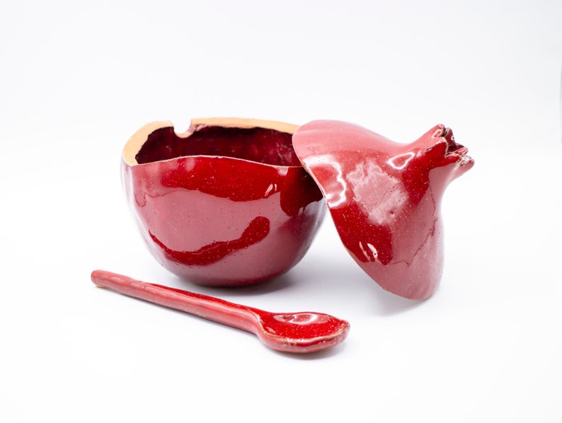 Handmade red pomegranate sugar bowl, ceramic sugar bowl, sugar bowl with spoon, handmade bowl, pomegranate ceramic, ceramics and pottery image 6