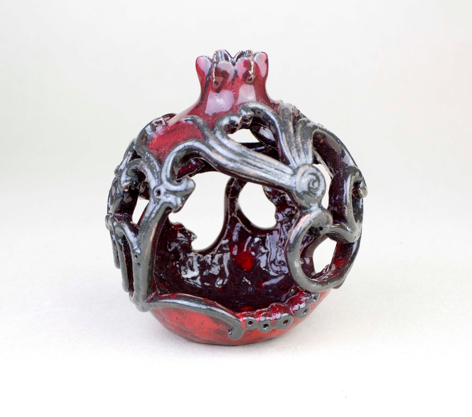 Handmade Clay Pomegranate With Ornaments Ceramic Candle Etsy