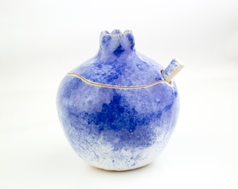 Handmade  pomegranate sugar bowl with spoon, Cobalt Sugar bowl, spoon, ceramic, Ceramic sugar bowl, handmade sugar bowl, ceramic and pottery