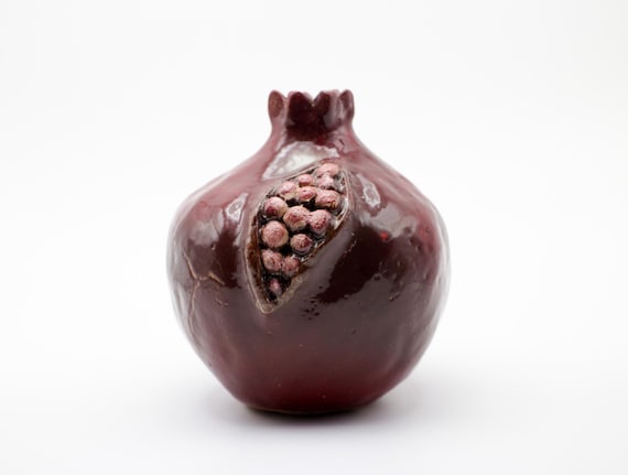 Handmade Red Glazed Ceramic Pomegranate, Crack Style