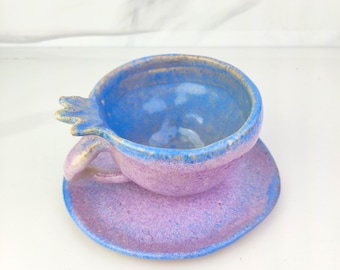 Handmade Stoneware Pomegranate Cup, Purple and Blue Ceramic Mug