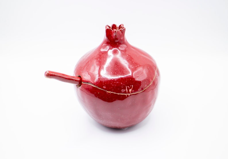 Handmade red pomegranate sugar bowl, ceramic sugar bowl, sugar bowl with spoon, handmade bowl, pomegranate ceramic, ceramics and pottery image 3