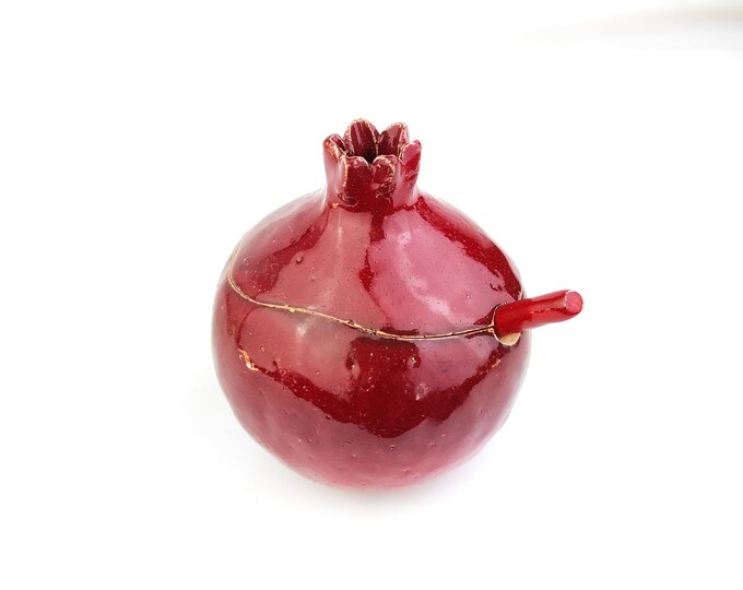 Handmade Red Pomegranate Sugar Bowl, Ceramic Sugar Bowl, Sugar Bowl With Spoon, Handmade Bowl
