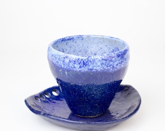 Handmade ceramic cup with plate, pinch pot, ceramic coffee cup, ceramics and pottery, Stoneware mug, cobalt cup, ceramic mug no handle