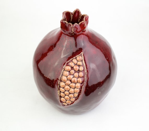 Handmade Ceramic Pomegranate, Red Glaze Crackle Style